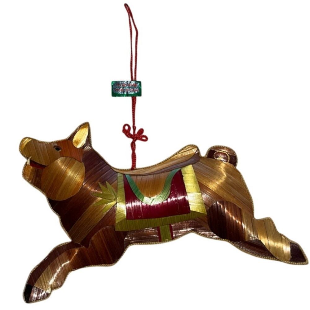 Rare Vintage Stuffed Pig Christmas Holiday Ornament Natural Leaves Material